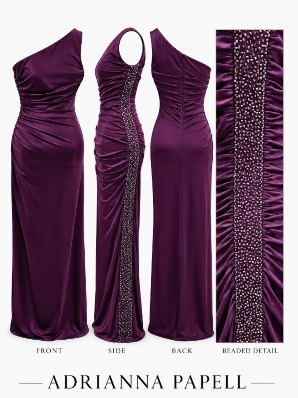 MOB MOG FORMAL Adrianna Papell Purple One-Shoulder Beaded Evening Gown